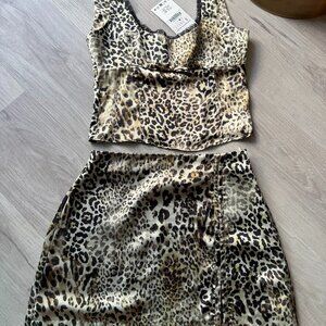 ZARA Leopard Satin Two Piece Set Top & Mini Skirt Animal Print Size S NWT